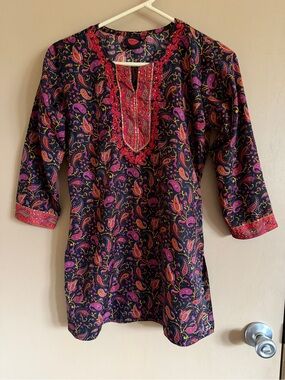 Women’s Black Paisley Embroidered Tunic - Pink & Red Accents